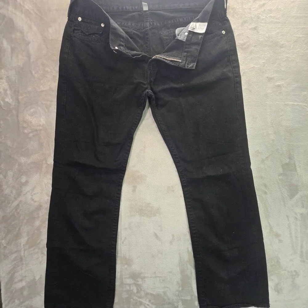 True Religion Straight Leg Jeans Mens 42 Black Denim Horseshoe Flap Pocket